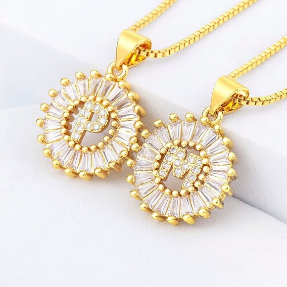 Yellow Gold Plated Women's Letter Detail Cubic Zirconia Round Charm Necklace - Picture 7 of 7